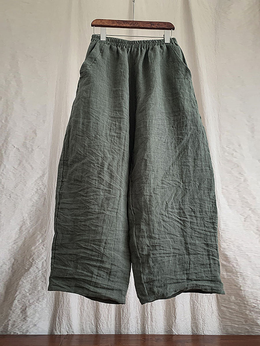 Women Spring Casual Solid Loose Elastic Waist Linen Pants
