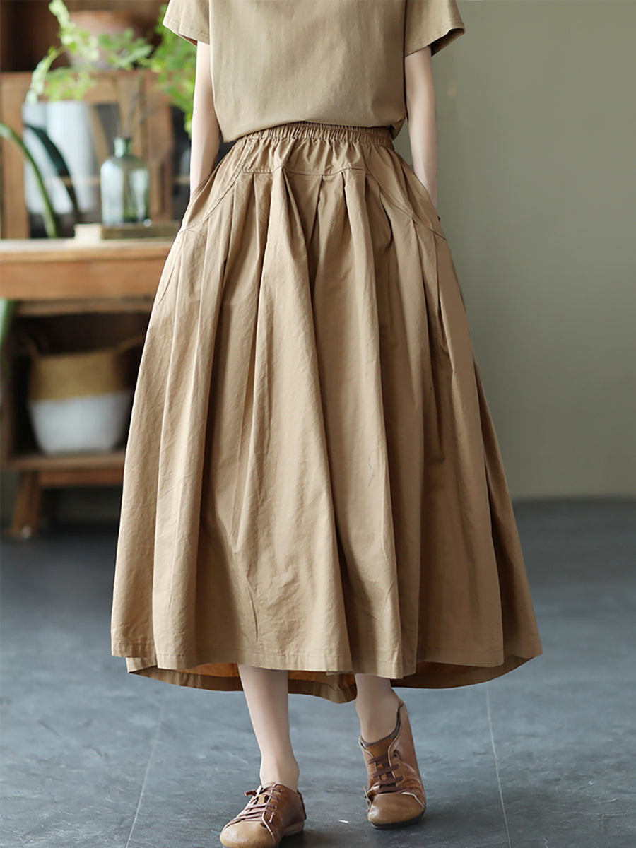 Women Summer Casual Solid Stitching Pocket Loose Skirt