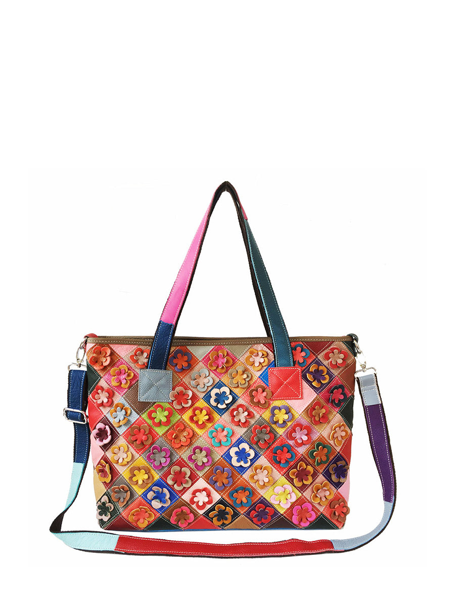Fashion Leather 3D Flower Spliced Multicolor Shoulder Bag Handbag