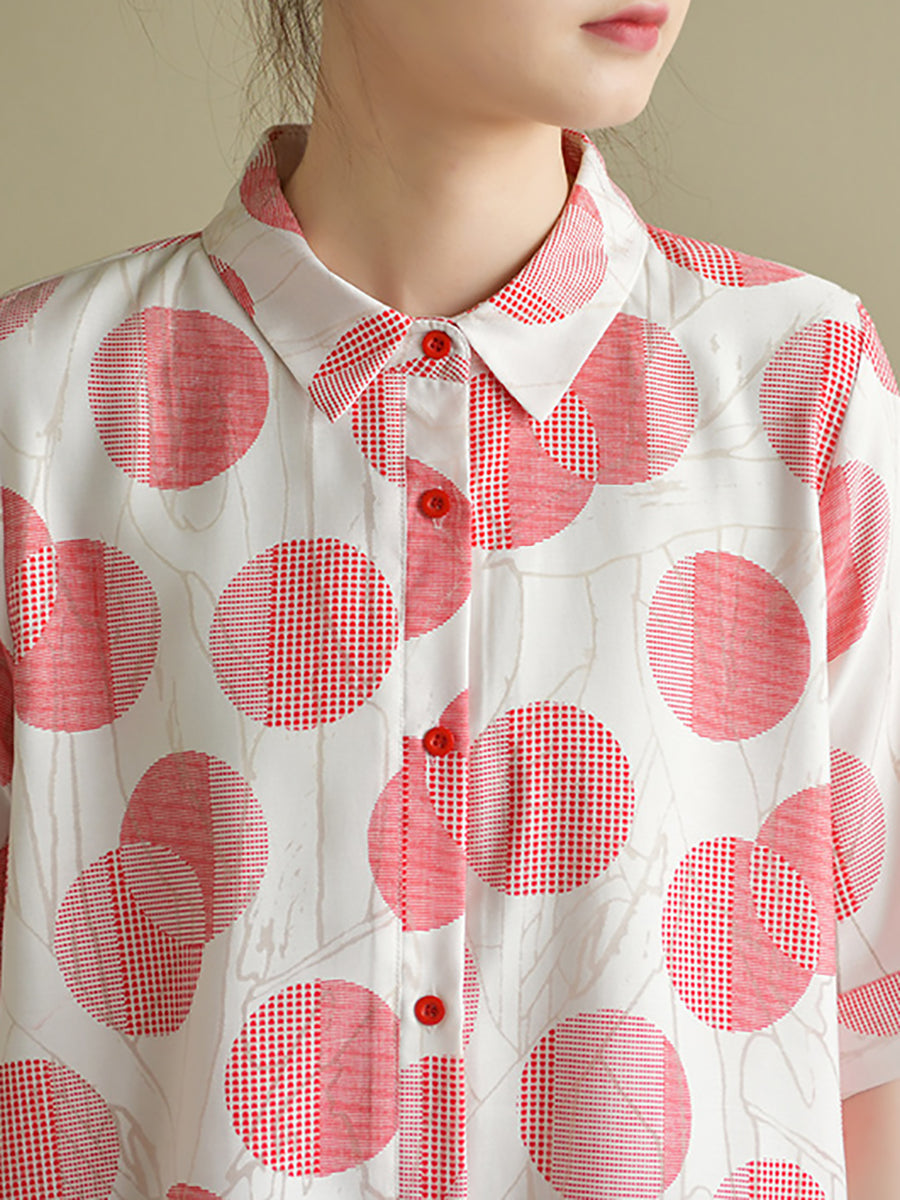 Women Sweet Pink Dot Pleat Loose Button Shirtdress