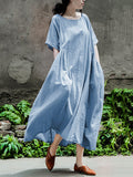 Women Summer Vintage Pleat Solid Loose Cotton Linen Dress