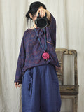 Women Spring Vintage Flower Frog Hemming Loose Shirt