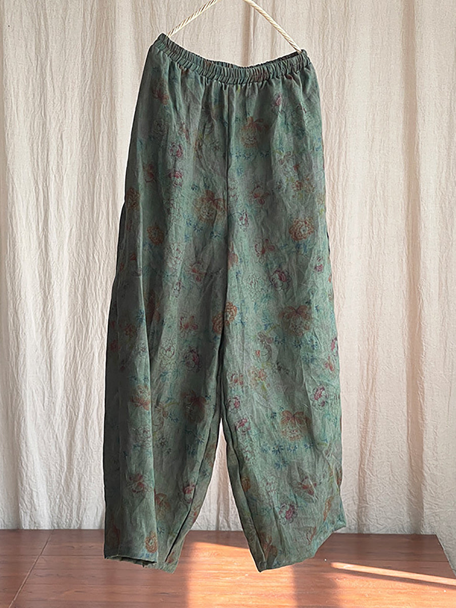 Women Vintage Floral Spring Linen Wide-leg Pants
