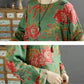 Women Vintage Flower Spring O-Neck Ramie Shirt