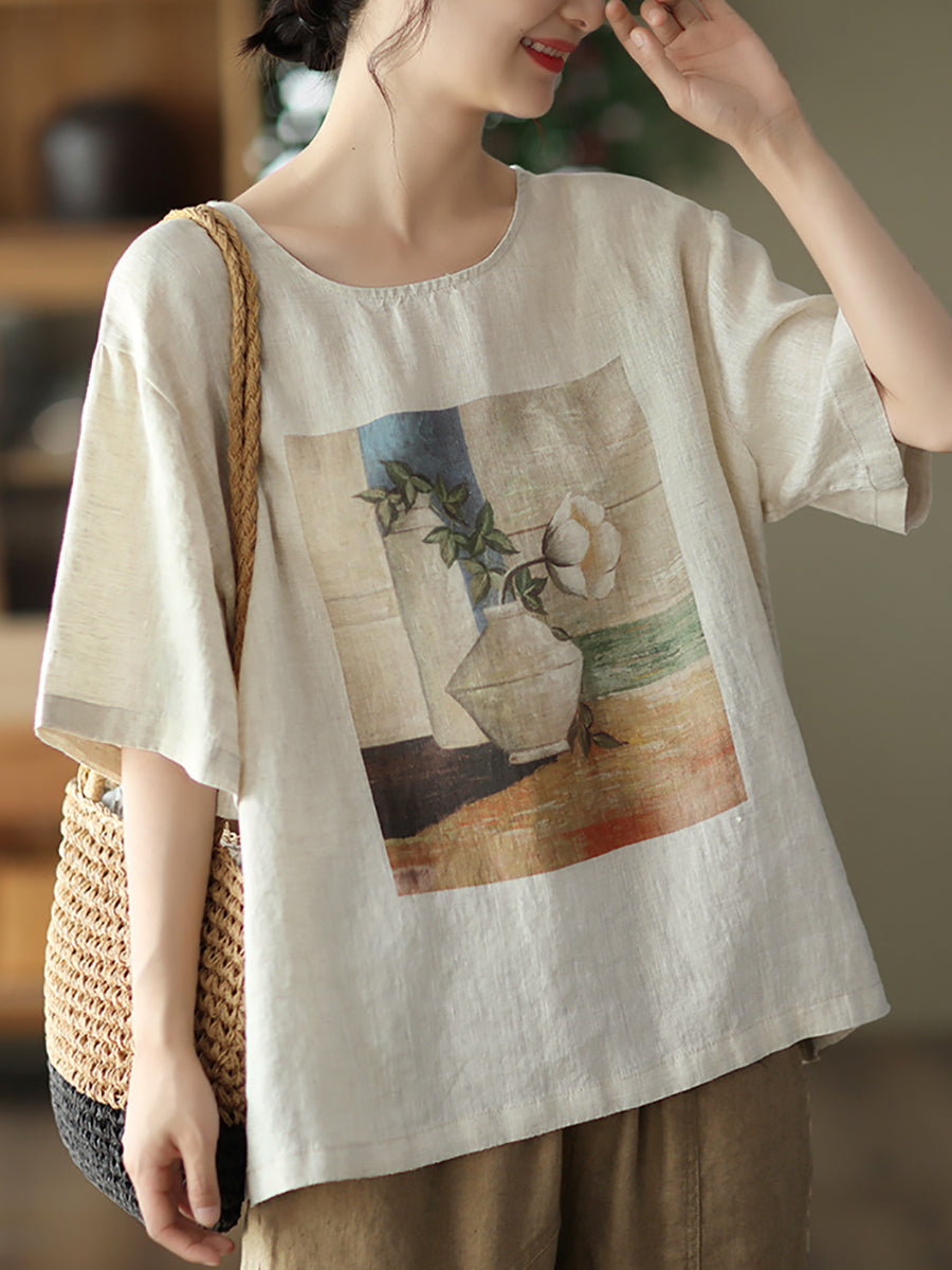 Women Summer Casual Draw Print Loose Shirt