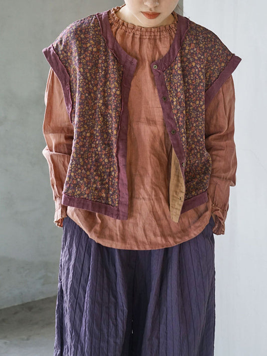 Women Vintage Floral Spliced Spring Cotton Vest