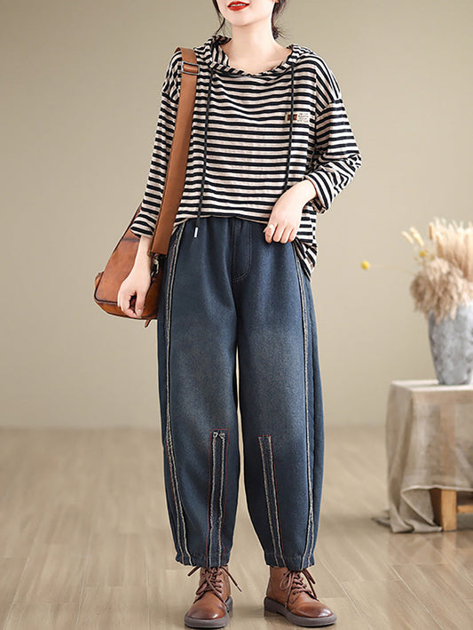 Women Vintage Stitching Washed Denim Pants