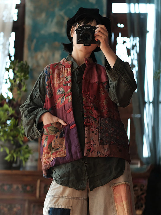 Women Ethnic Floral Spliced Linen Padded Vest