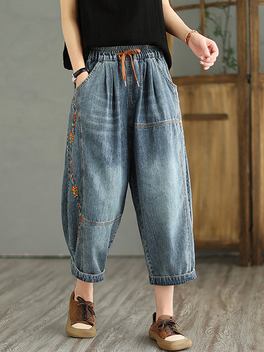 Women Retro Flower Embroidery Harem Jeans