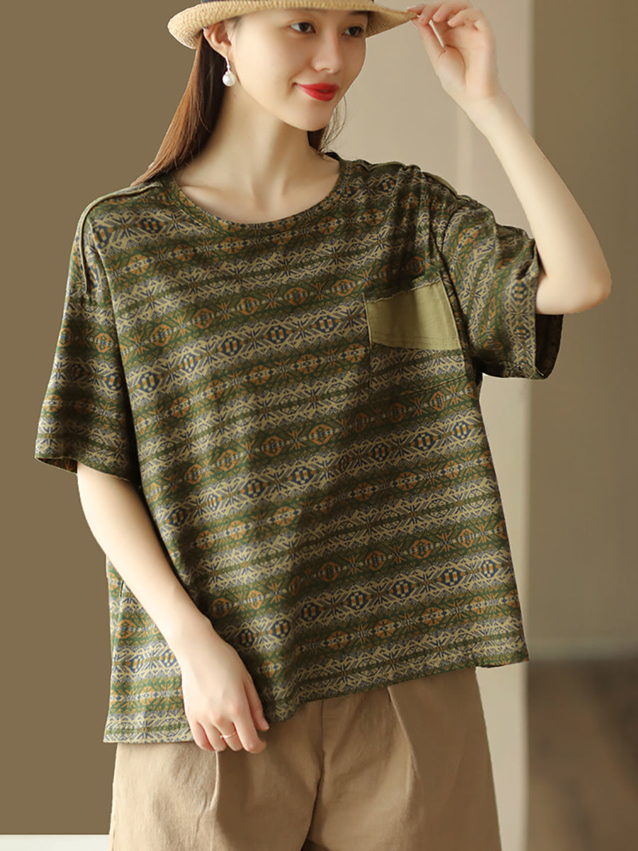 Women Summer Vintage Geometric Print Spliced Loose Shirt