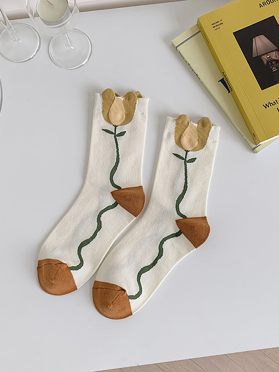 5 Pairs Women Vintage Flower Jacquard Socks