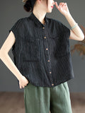 Women Summer Vintage Stripe Linen Loose Shirt
