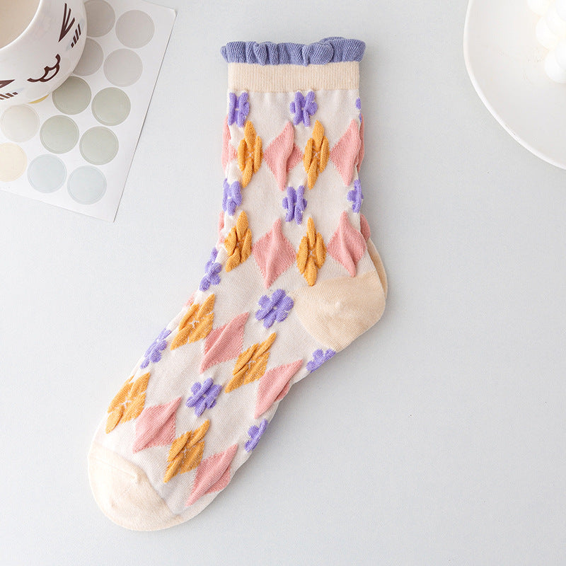 5 Pairs Women Autumn Sweet Jacquard Print Socks