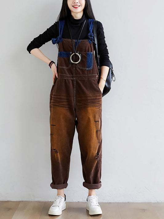 Women Retro Colorblock Denim Jumpsuits