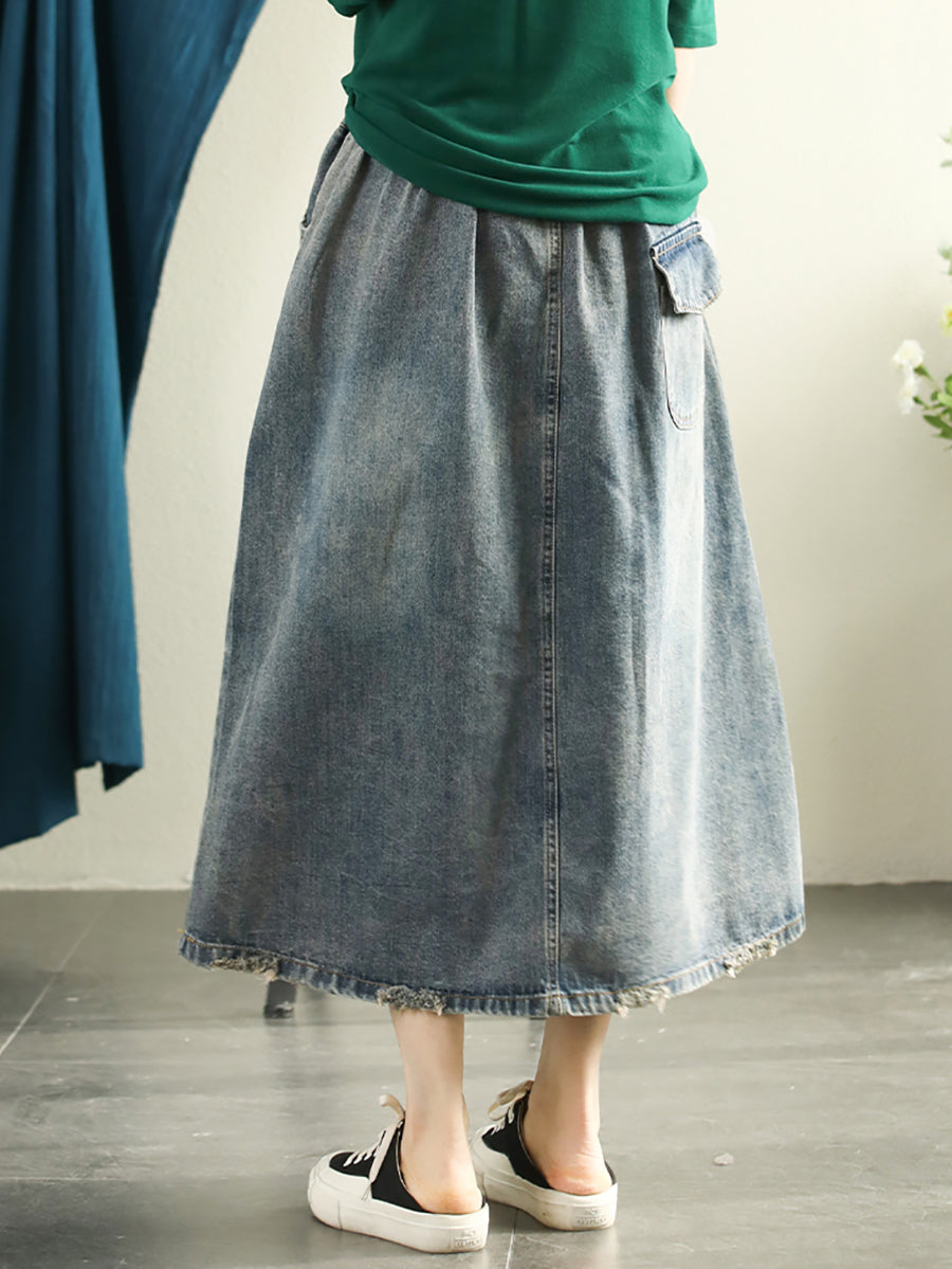 Women Retro Flower Embroidery Spliced Worn Skirt