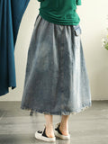 Women Retro Flower Embroidery Spliced Worn Skirt