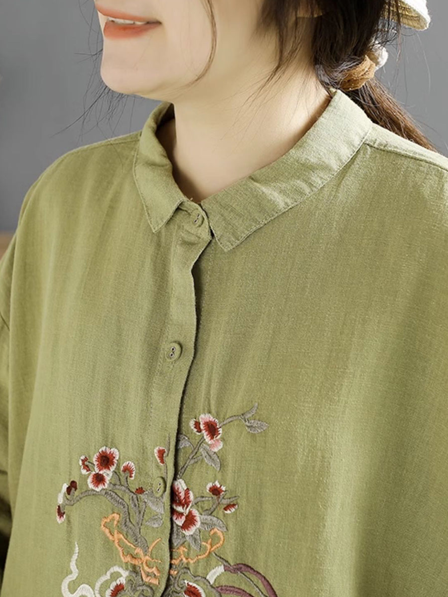 Women Spring Flower Embroidery Linen Shirt