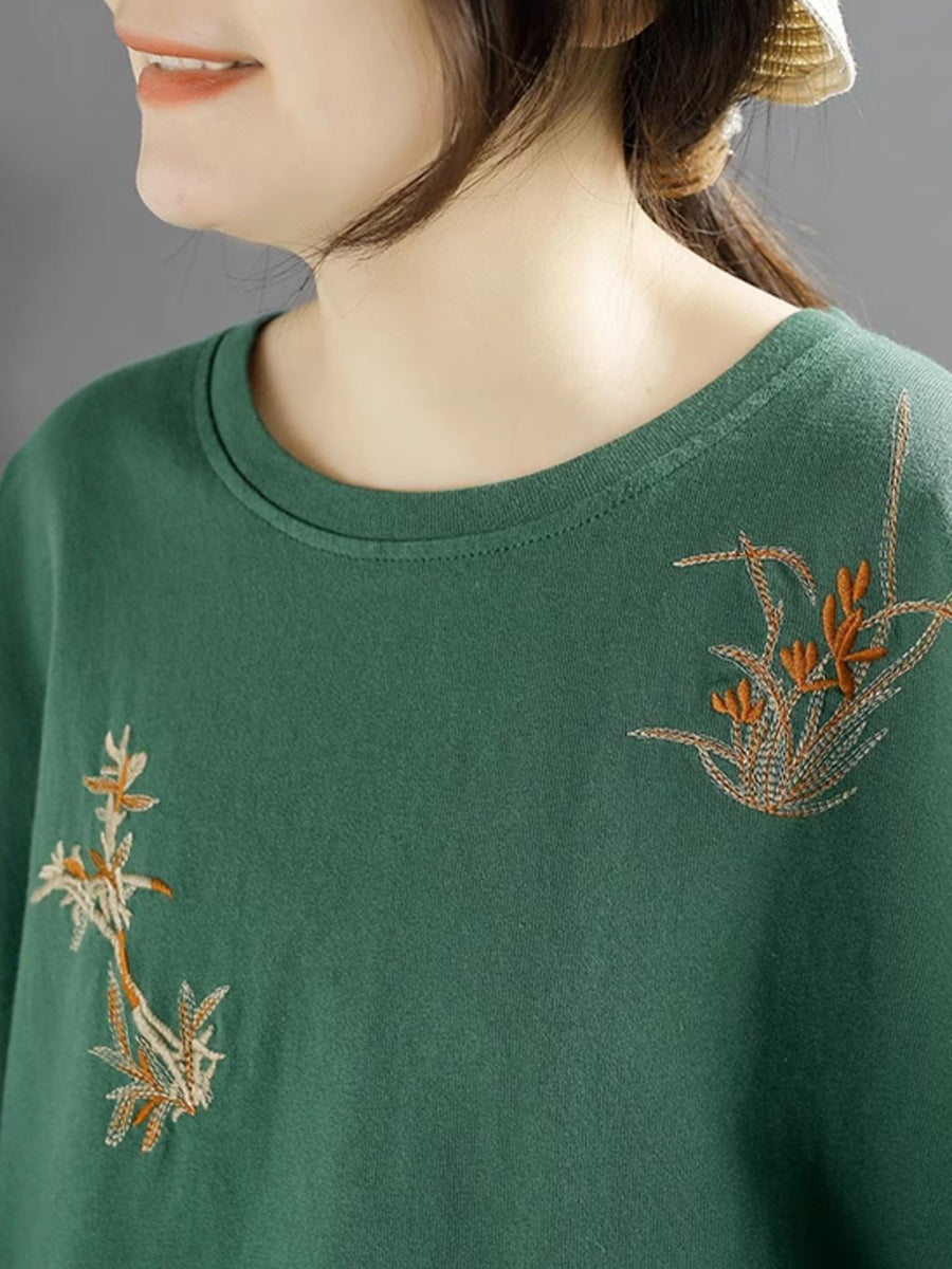 Women Spring Vintage Flower Embroidery O-Neck Shirt