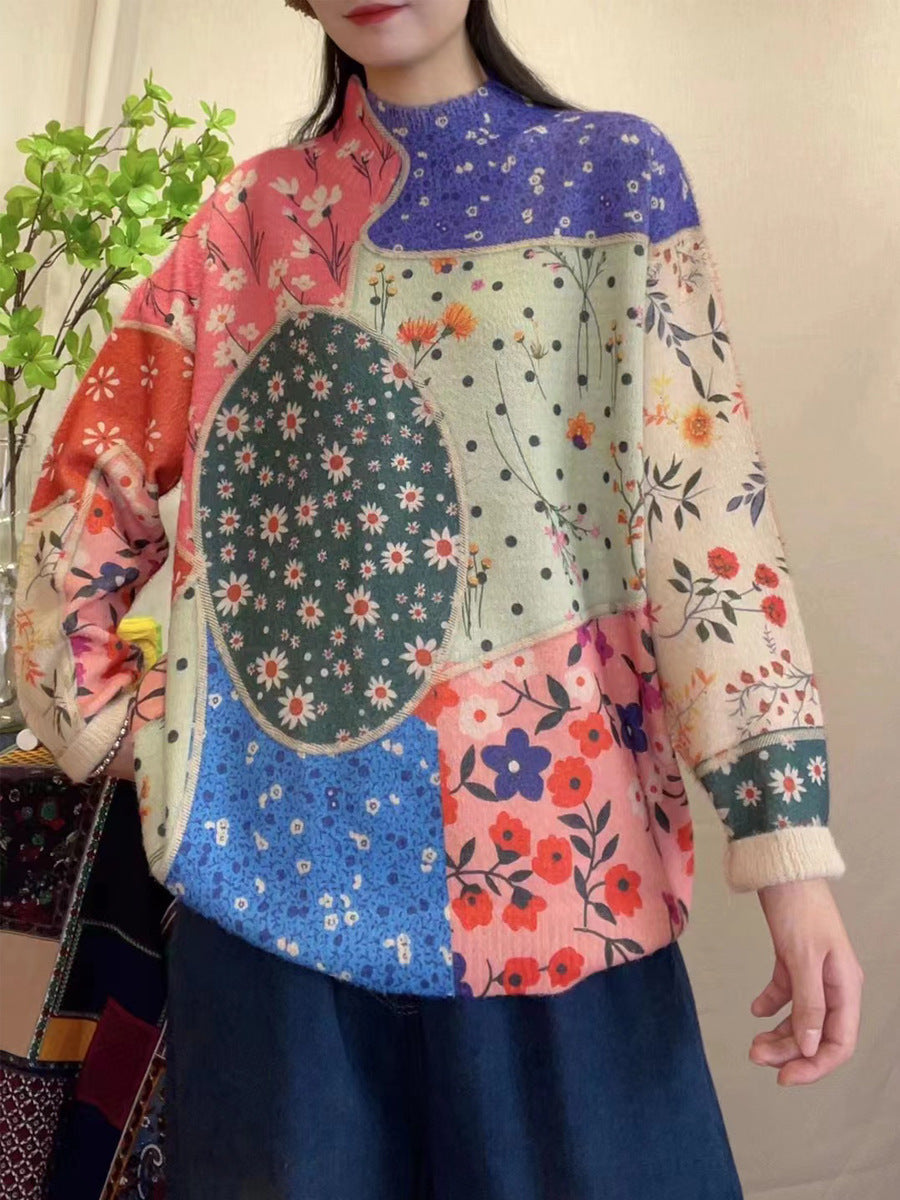 Women Winter Vintage Floral Half-Turtleneck Sweater