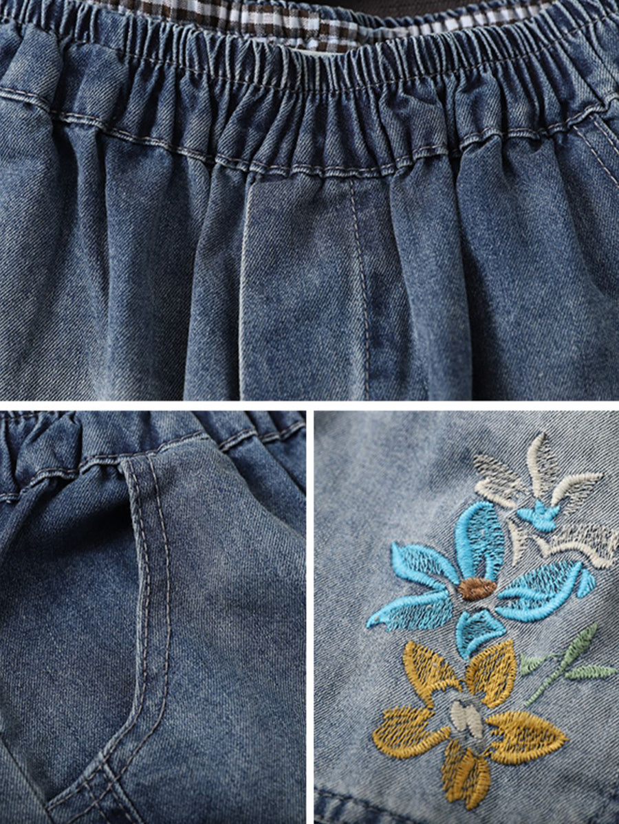 Women Summer Vintage Flower Embroidery Denim Harem Pants