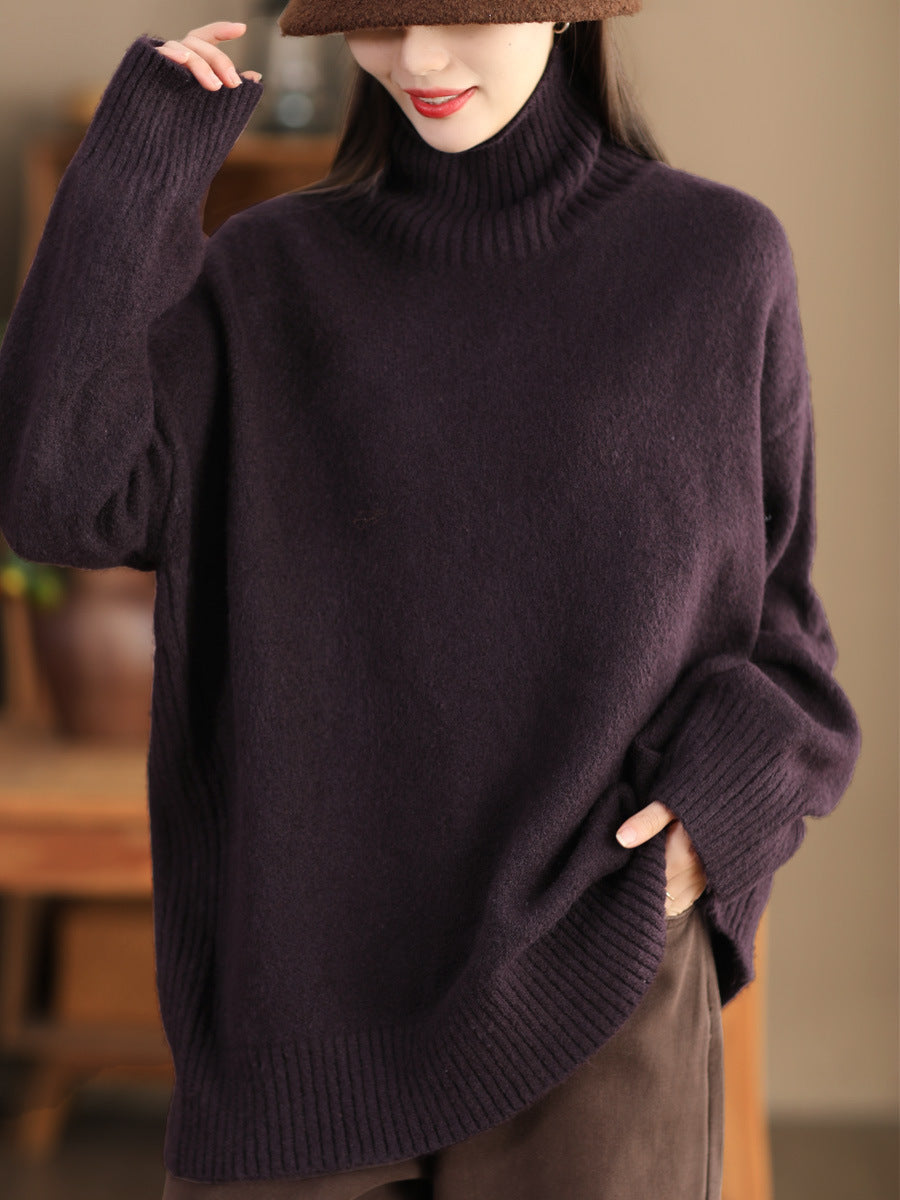 Women Casual Winter Solid Turtleneck Wool Sweater