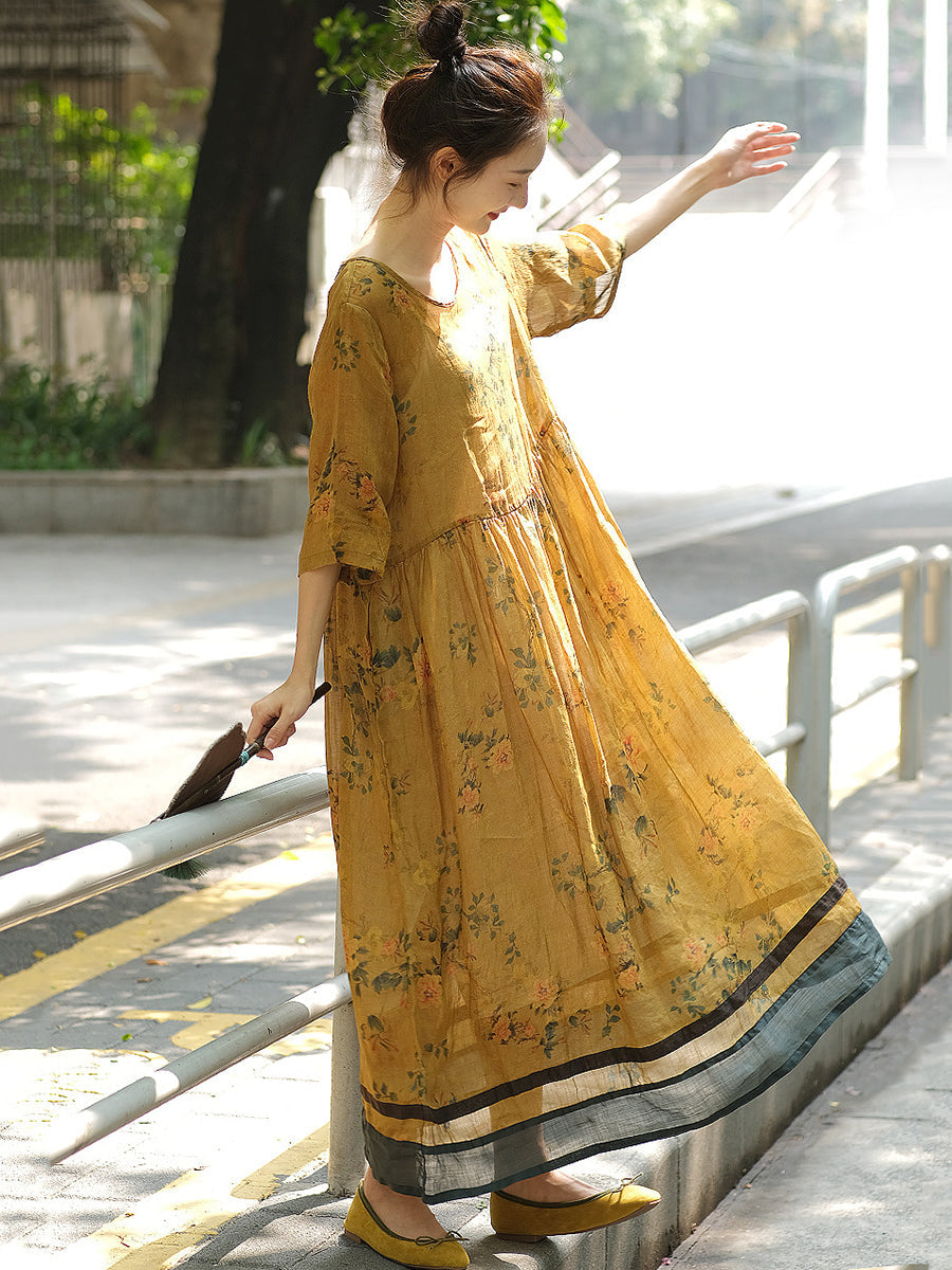 Women Chinese Style Flower Spliced Loose Ramie Dress