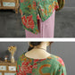Women Vintage Flower Spring O-Neck Ramie Shirt