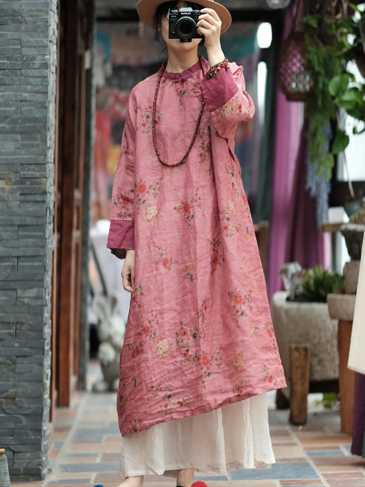 Women Vintage Spring Floral Spliced Ramie Robe Dress