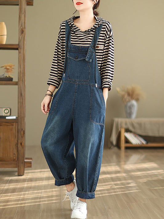Women Spring Retro Solid Denim Jumpsuits