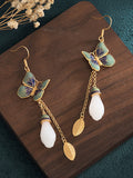 Women Ethnic Butterfly Cloisonne Jade Flower Alloy Earrings
