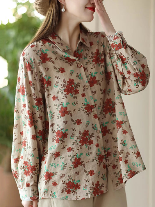 Women Vintage Spring Flower Loose Cotton Shirt