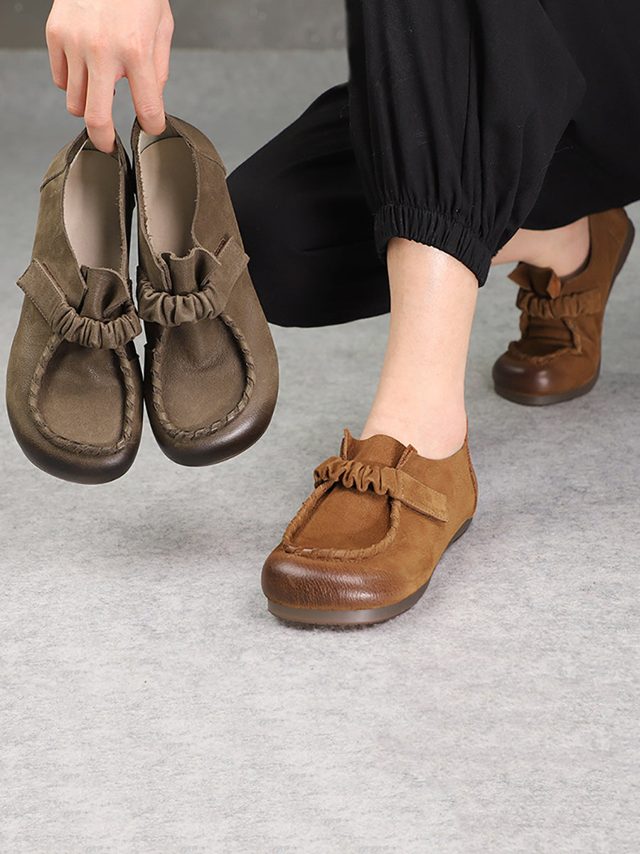 Women Genuine Leather Elastic Spliced Flat Shoes