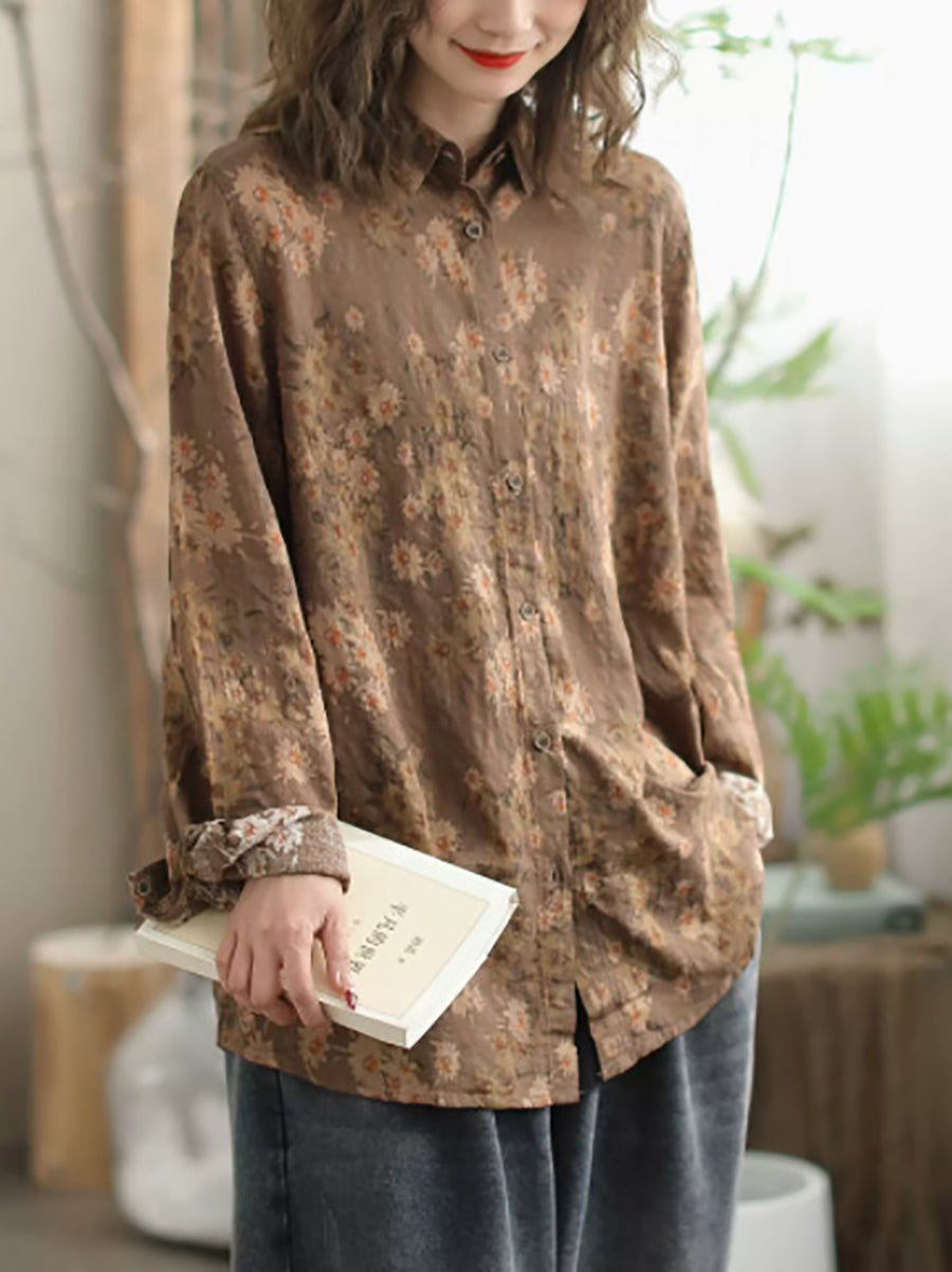 Women Vintage Floral Spring Cotton Loose Shirt