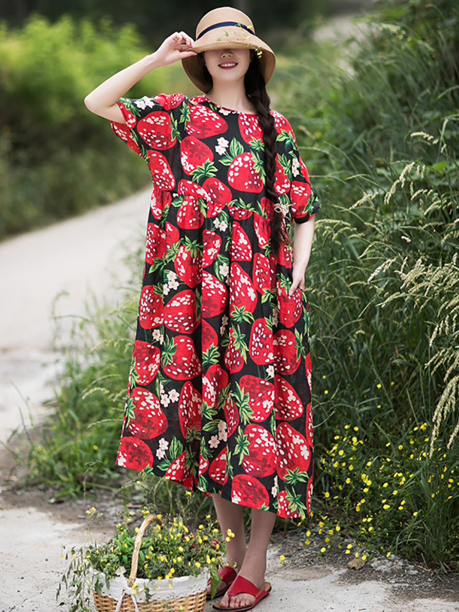 Women Summer Print Pleat Loose Ramie Dress