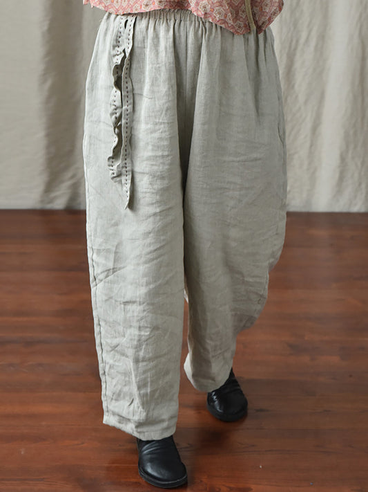 Pantalon de navet en lin ample décontracté avec cordon de serrage solide pour femmes