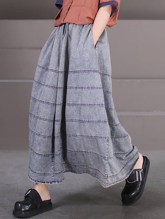 Women Summer Casual Stitching Stripe Pocket Denim Skirt