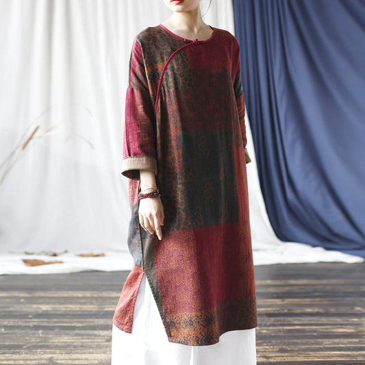 Women Vintage Spring Spliced Cotton Robe Dress