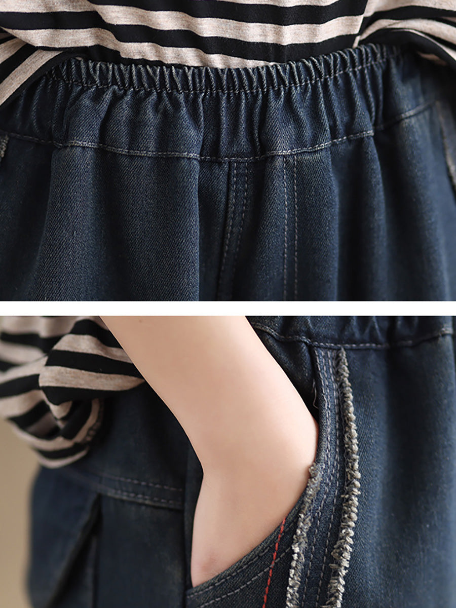 Women Vintage Stitching Washed Denim Pants