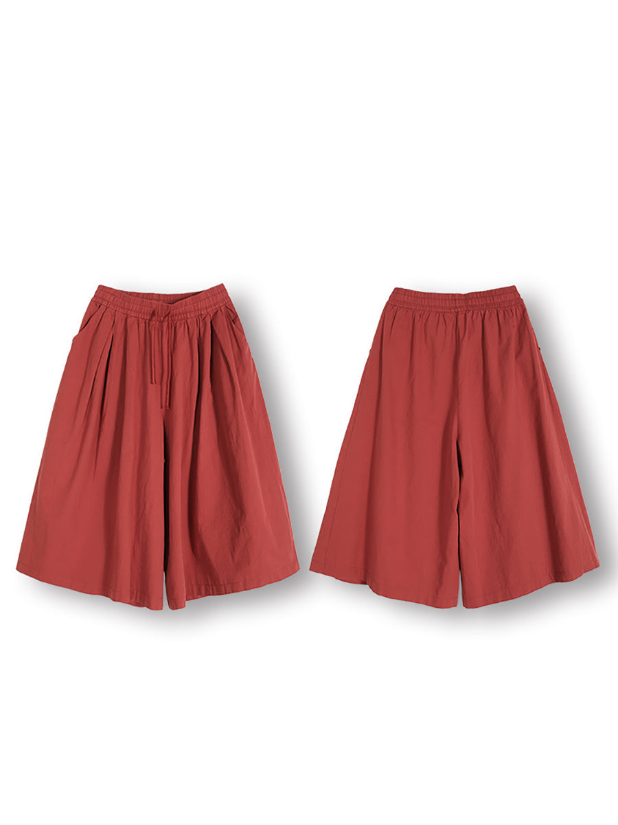 Women Summer Solid Pleat Pocket Loose Wide-leg Pants