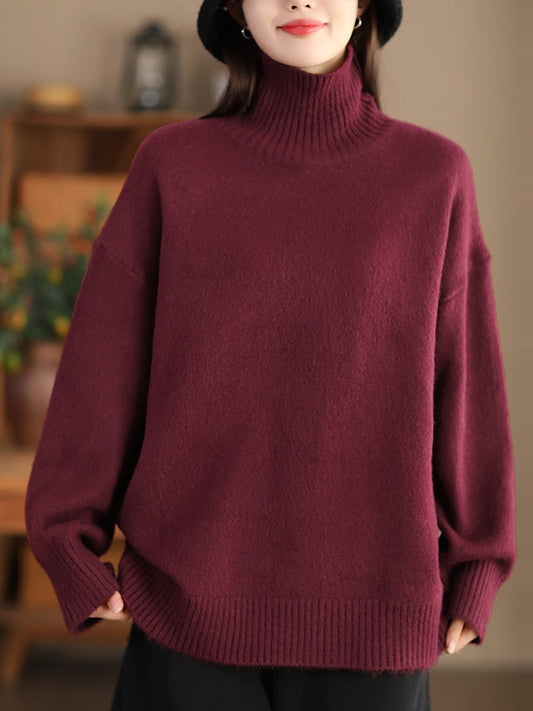 Pull en laine à col roulé pour femme, décontracté, couleur unie, hiver