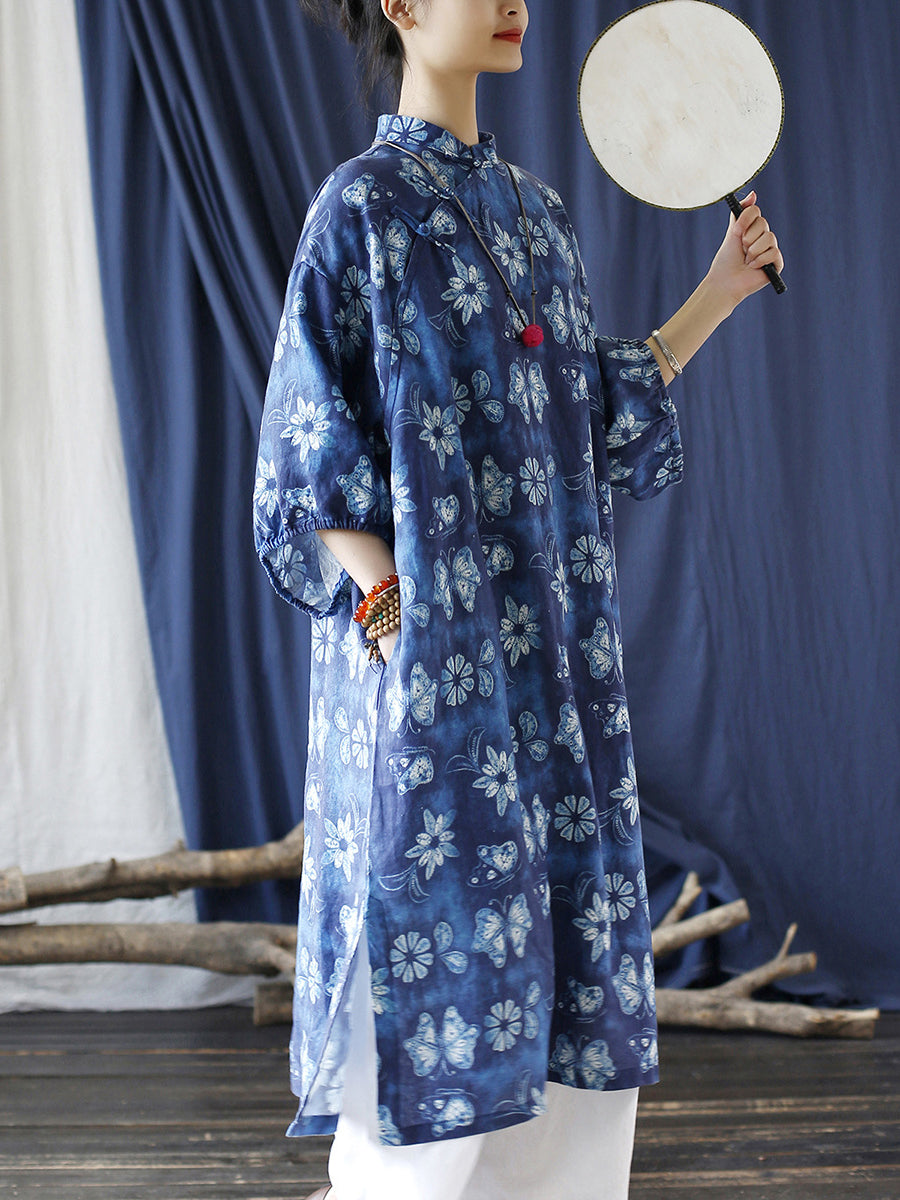 Robe en lin ample à ourlet fendu, Vintage, fleur, teinture par nouage, pour femmes