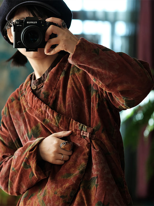 Women Vintage Floral V-Neck Cotton Padded Coat