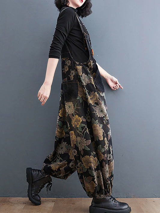 Women Vintage Flower Winter Denim Harem Jumpsuits