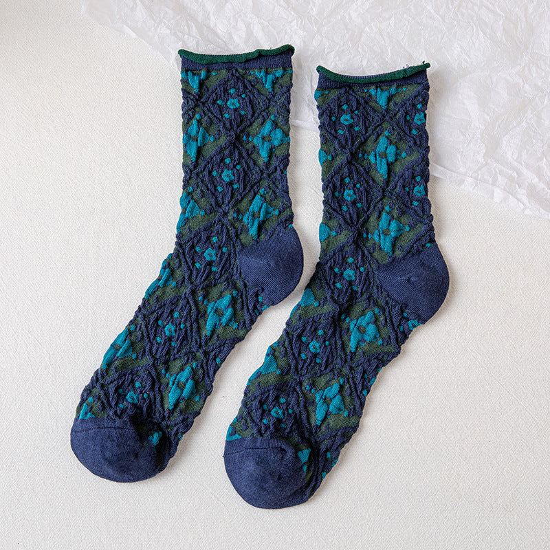 7 Pairs Women Spring Vintage Hemming Jacquard Socks