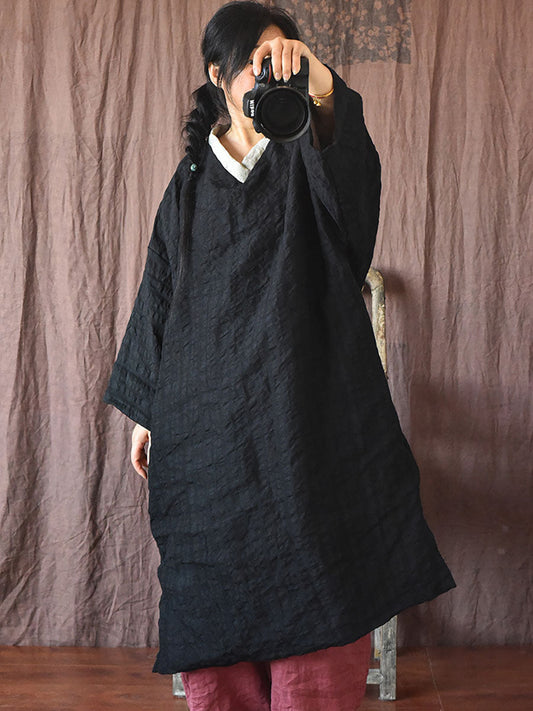 Women Winter Vintage Spliced Linen Loose Dress