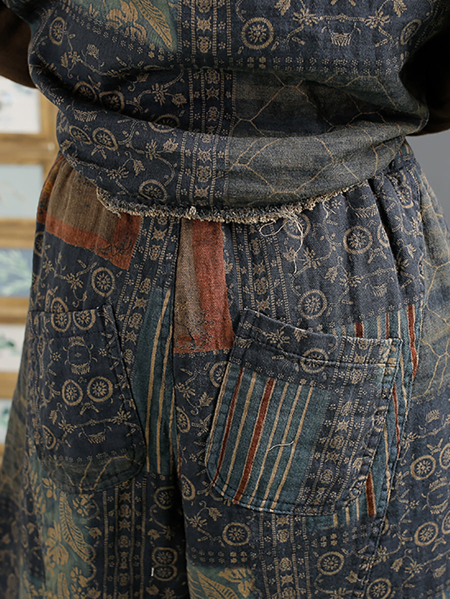 Women Vintage Patch Spliced Thicken Harem Pants