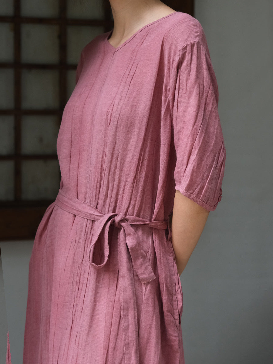 Women Vintage Solid Drawstring Pocket Loose Ramie Dress