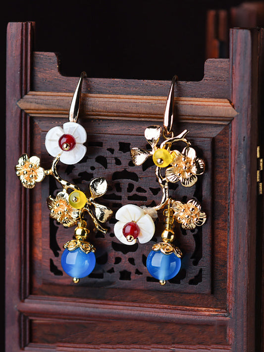 Vintage Blue Agate Shell Flower Gilding Flower Earrings