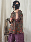 Women Spring Vintage Flower Frog Hemming Loose Shirt