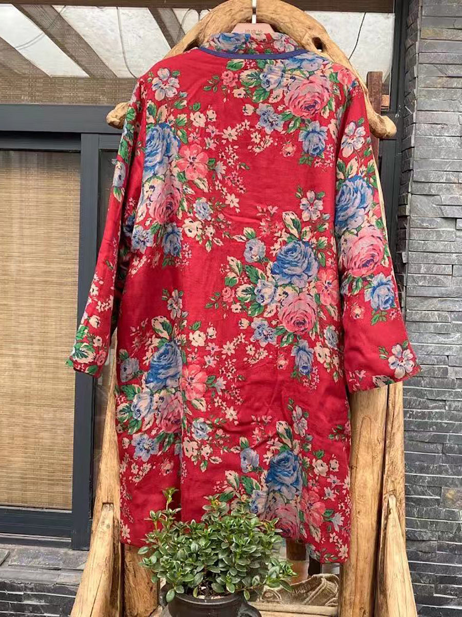 Women Ethnic Red Flower Print Cotton Padded Coat
